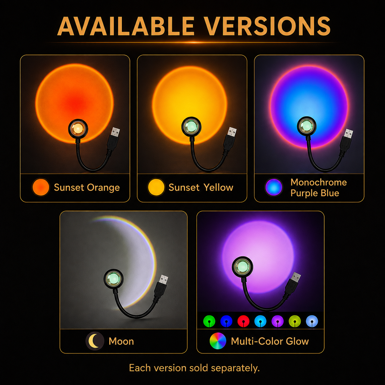 A product options graphic showing five available light modes for a USB rechargeable moon lamp: Sunset Orange, Sunset Yellow, Monochrome Purple Blue, Moon, and Multi-Color Glow, each with a circular glowing moon effect and a small inset of the lamp and USB cable on a black background.