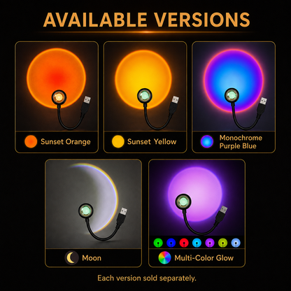 A product options graphic showing five available light modes for a USB rechargeable moon lamp: Sunset Orange, Sunset Yellow, Monochrome Purple Blue, Moon, and Multi-Color Glow, each with a circular glowing moon effect and a small inset of the lamp and USB cable on a black background.