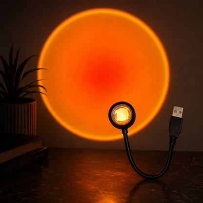 A USB-powered orange light projector lamp with a flexible black cord and USB connector, shown casting a large glowing orange circle on a dark wall above a tabletop.