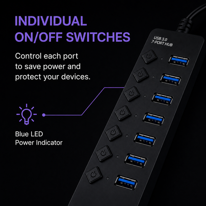 A 7-port USB 3.0 power strip shown on a black background with promotional text highlighting individual on/off switches and a blue LED power indicator.
