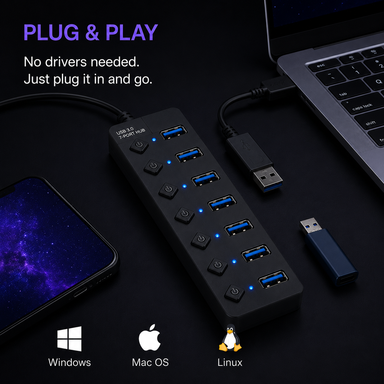 A black USB hub with seven USB-A ports and power buttons, shown on a dark desk with a laptop, smartphone, and USB dongle. Text at the top reads 'PLUG & PLAY' with 'No drivers needed.