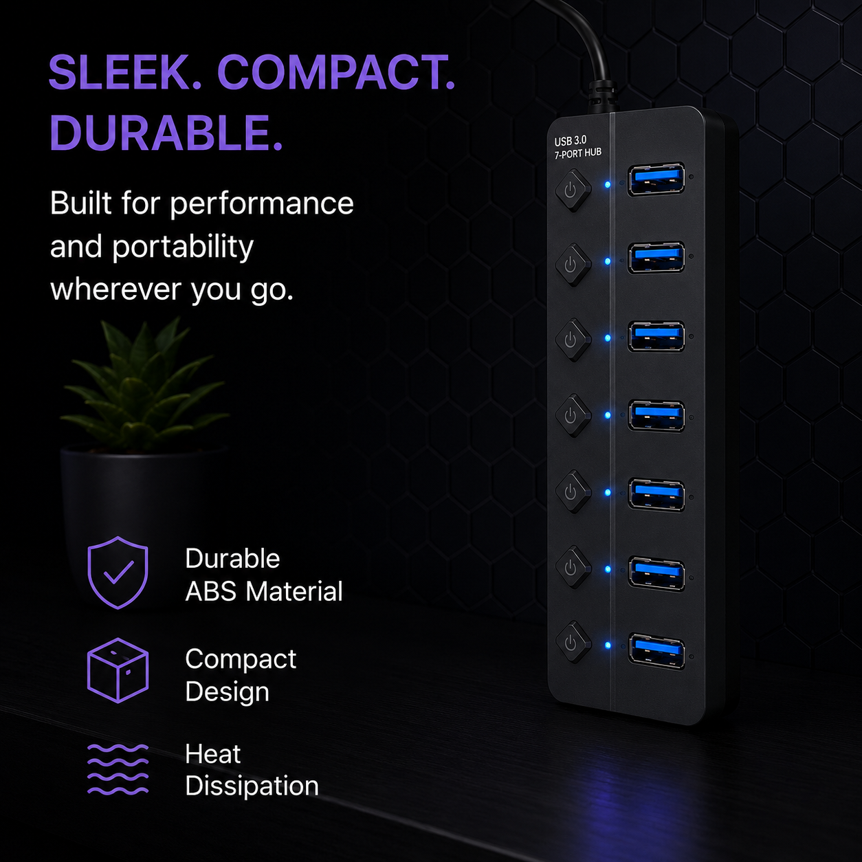 A 7-port USB-C power strip with blue USB-A and USB-C ports, shown on a dark background with promotional text and a small potted plant. The text highlights durable ABS material, compact design, and heat dissipation.