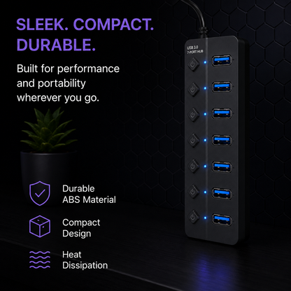 A 7-port USB-C power strip with blue USB-A and USB-C ports, shown on a dark background with promotional text and a small potted plant. The text highlights durable ABS material, compact design, and heat dissipation.